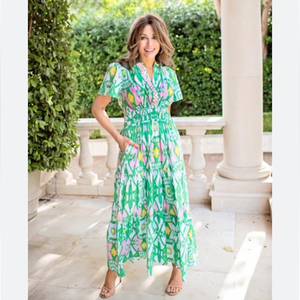 Green Floral-Print Maxi Dress with V-Neck